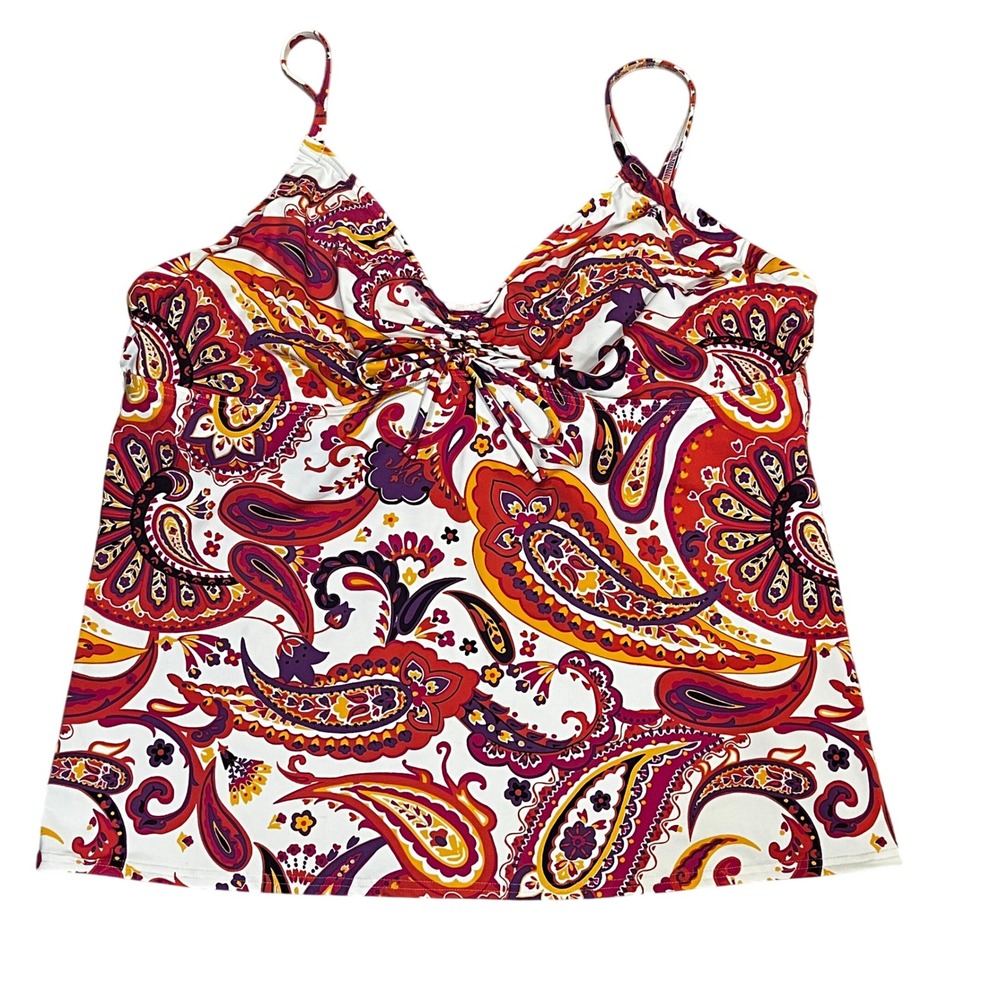 Lands End Paisley Tankini Swim Top 18 Red Orange V-Neck Tropical Resort Wear